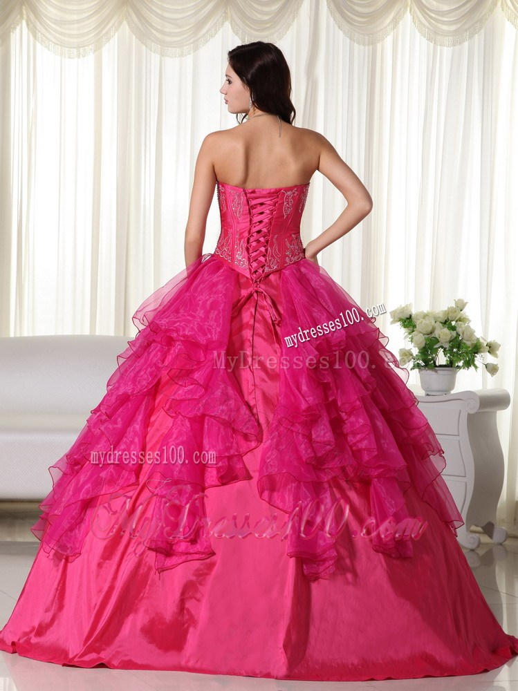 Hot Pink Ruffles Floor-length Organza Beaded Quinceanera Dress