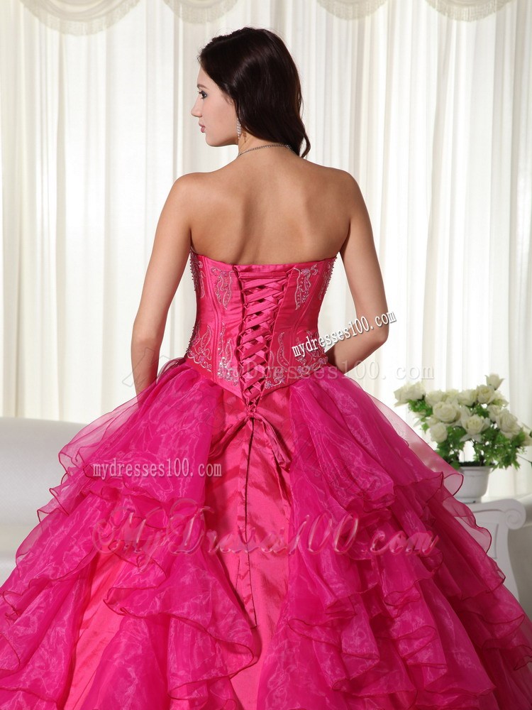 Hot Pink Ruffles Floor-length Organza Beaded Quinceanera Dress