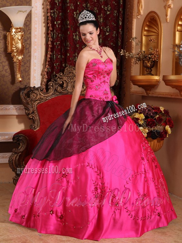Appliques Hot Pink and Burgundy Sweetheart Quinceanera Dresses Lace-up Back