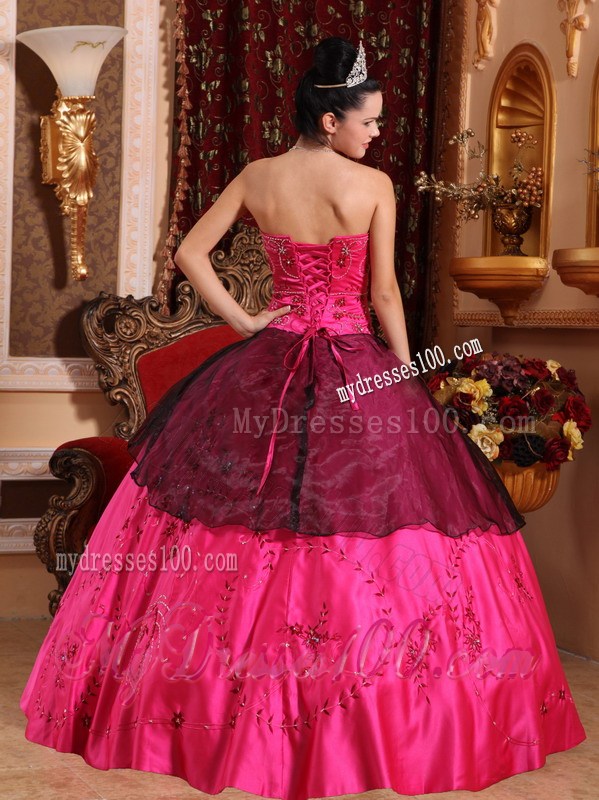 Appliques Hot Pink and Burgundy Sweetheart Quinceanera Dresses Lace-up Back