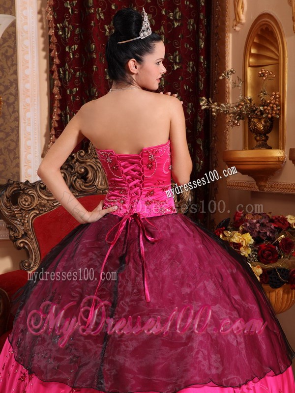 Appliques Hot Pink and Burgundy Sweetheart Quinceanera Dresses Lace-up Back