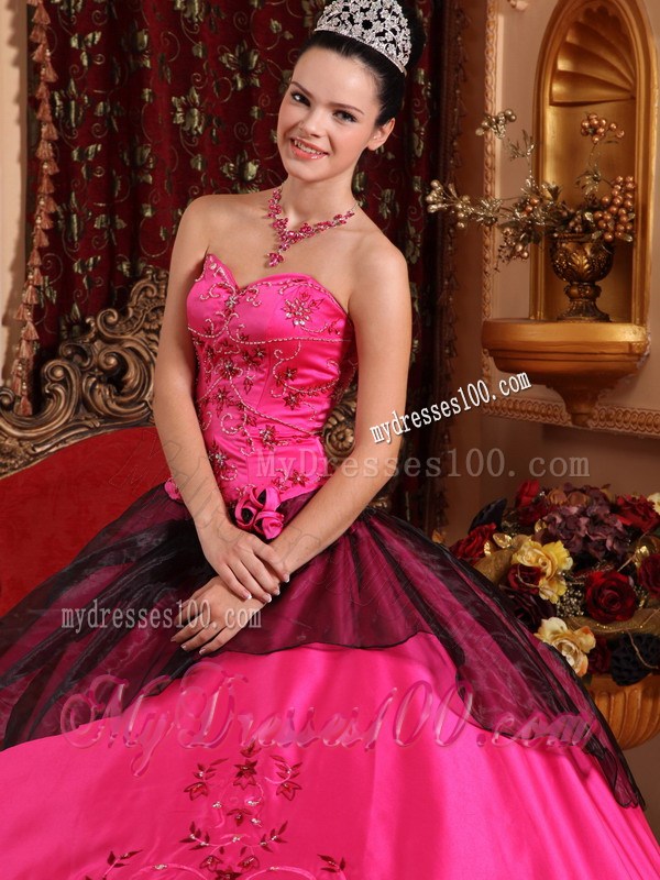 Appliques Hot Pink and Burgundy Sweetheart Quinceanera Dresses Lace-up Back