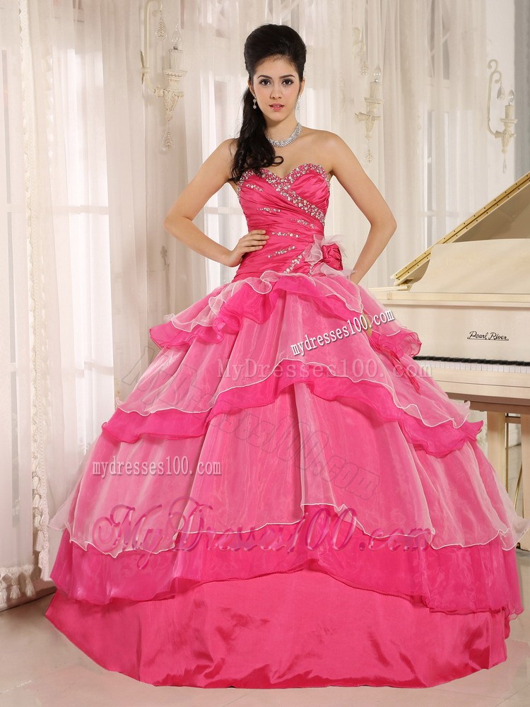 Fast Delivery Hot Pink Strapless BeadedQuinceanera Gowns Handmade Flower