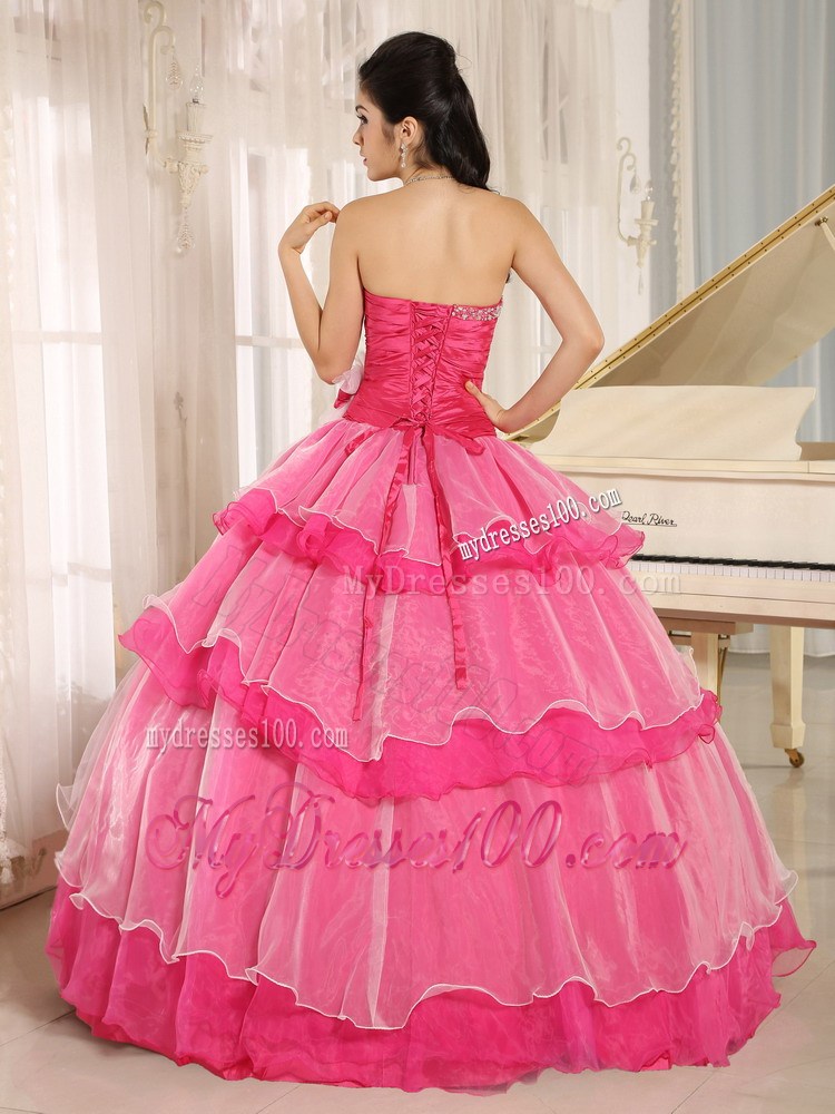 Fast Delivery Hot Pink Strapless BeadedQuinceanera Gowns Handmade Flower