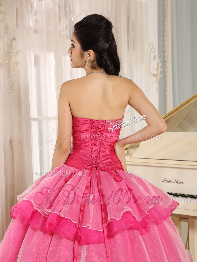 Fast Delivery Hot Pink Strapless BeadedQuinceanera Gowns Handmade Flower