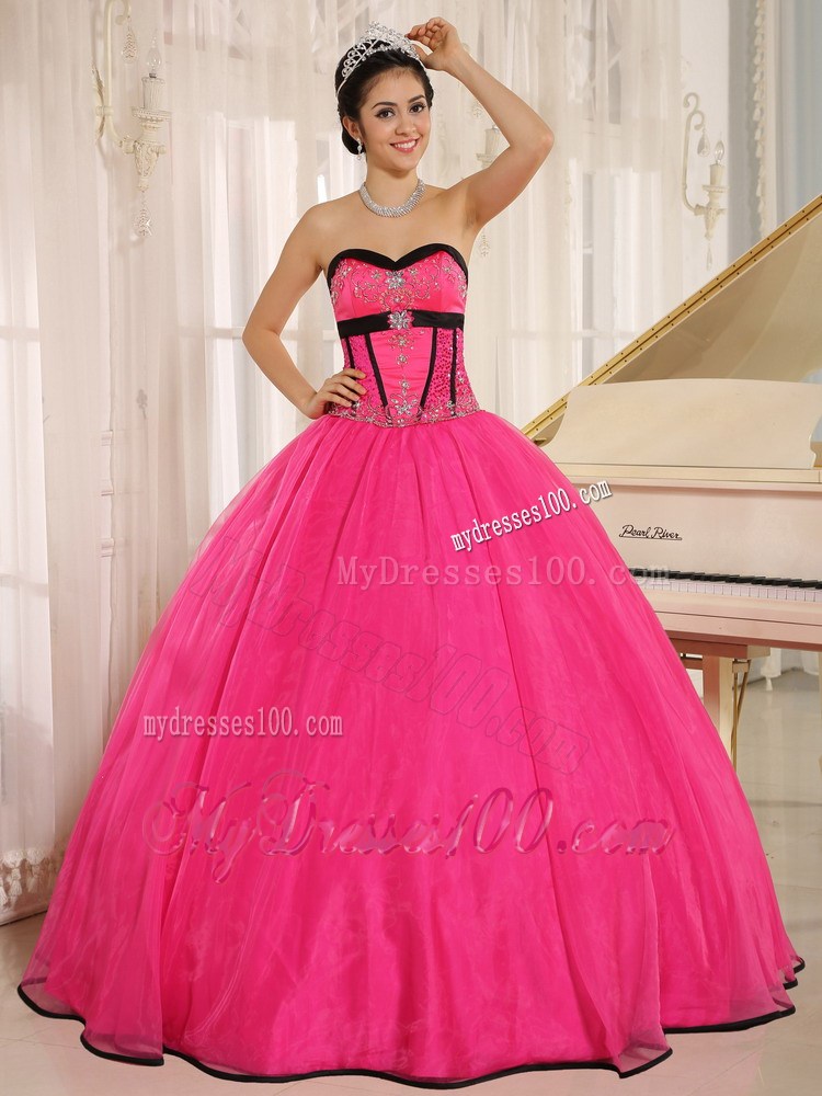 Hot Pink Fitted Strapless Sweet 16 Dress with White Appliques Corset Back