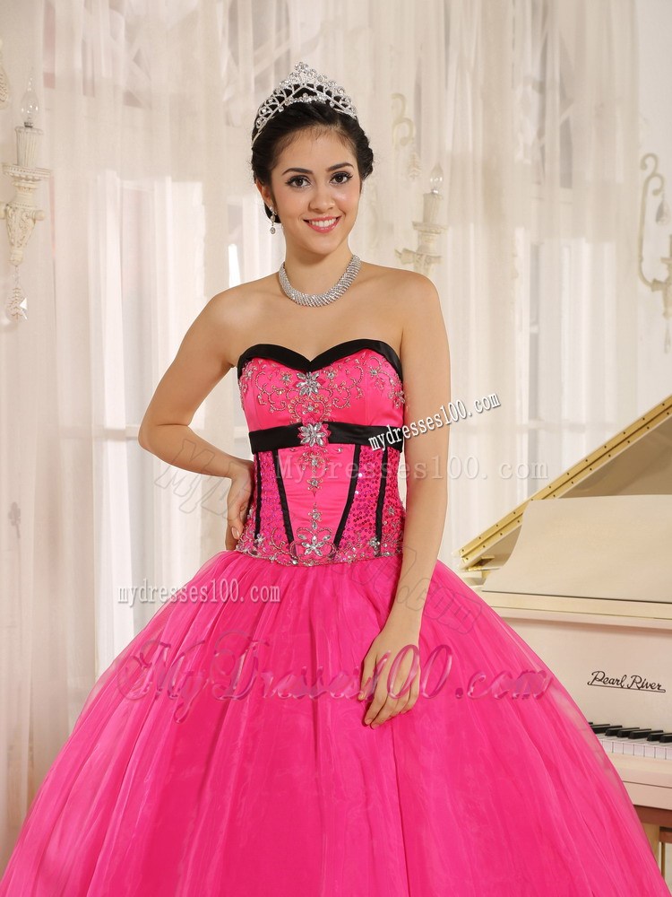 Hot Pink Fitted Strapless Sweet 16 Dress with White Appliques Corset Back