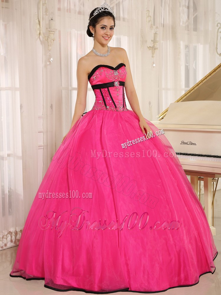 Hot Pink Fitted Strapless Sweet 16 Dress with White Appliques Corset Back