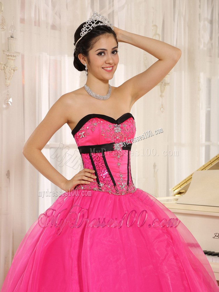Hot Pink Fitted Strapless Sweet 16 Dress with White Appliques Corset Back