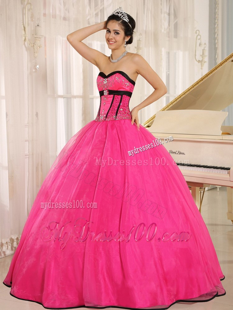 Hot Pink Fitted Strapless Sweet 16 Dress with White Appliques Corset Back