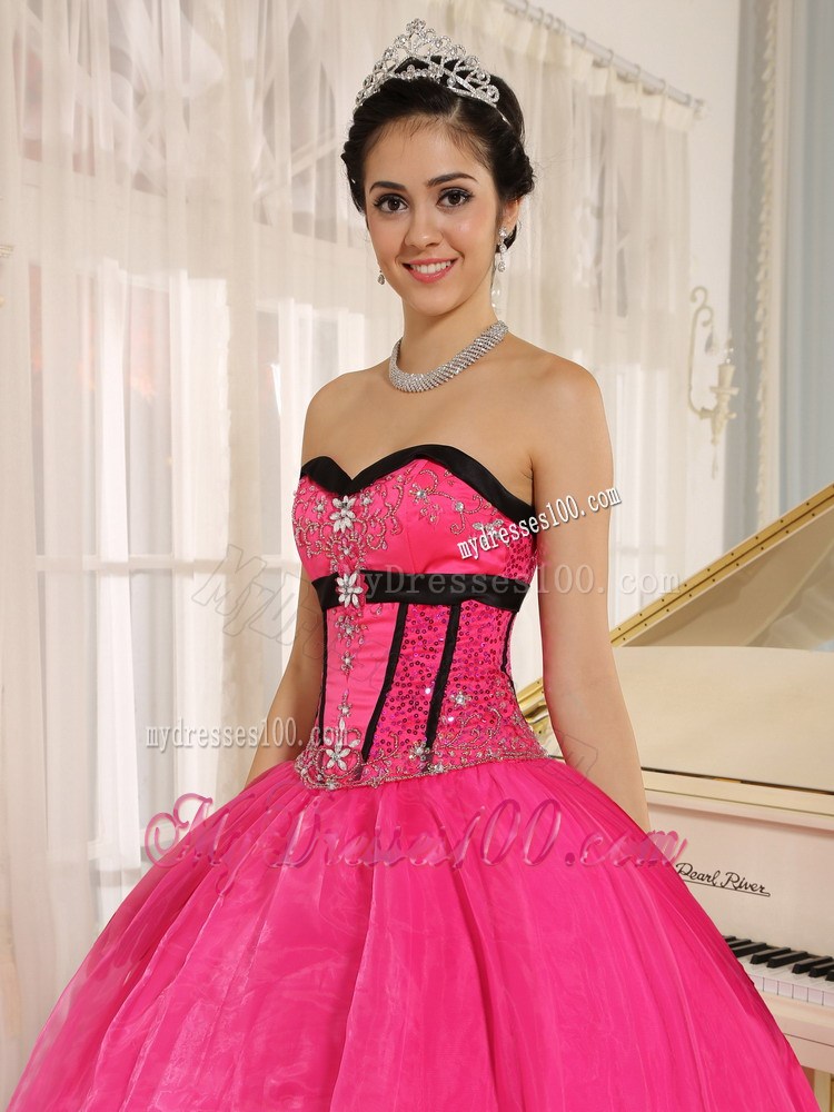 Hot Pink Fitted Strapless Sweet 16 Dress with White Appliques Corset Back