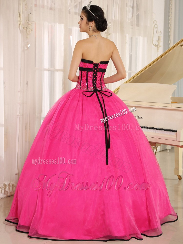 Hot Pink Fitted Strapless Sweet 16 Dress with White Appliques Corset Back
