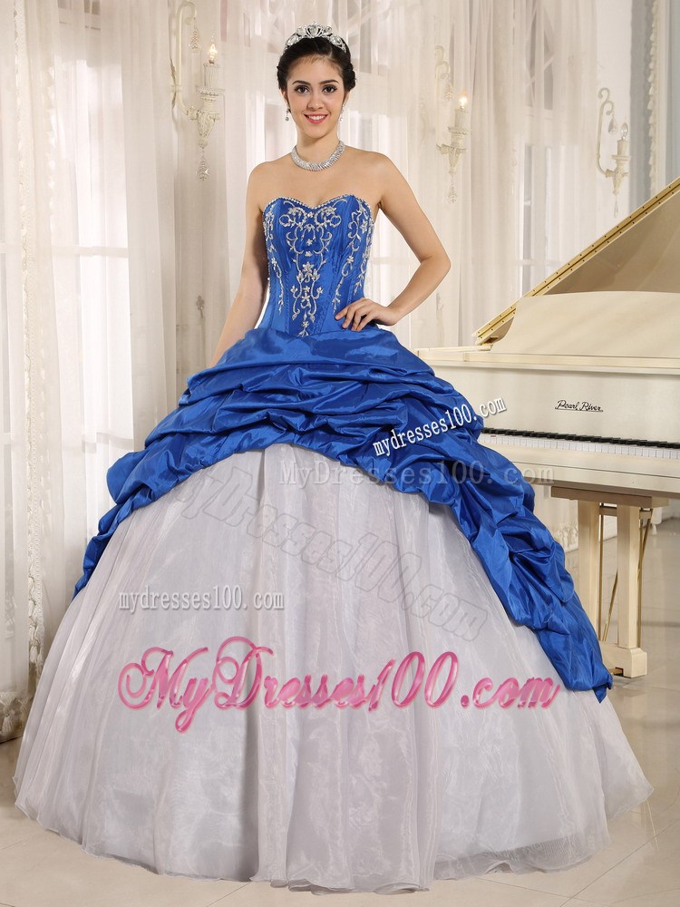 Strapless Royal Blue and White Quinceanera Dress with Beading Pick-ups