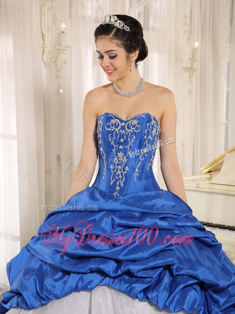 Strapless Royal Blue and White Quinceanera Dress with Beading Pick-ups