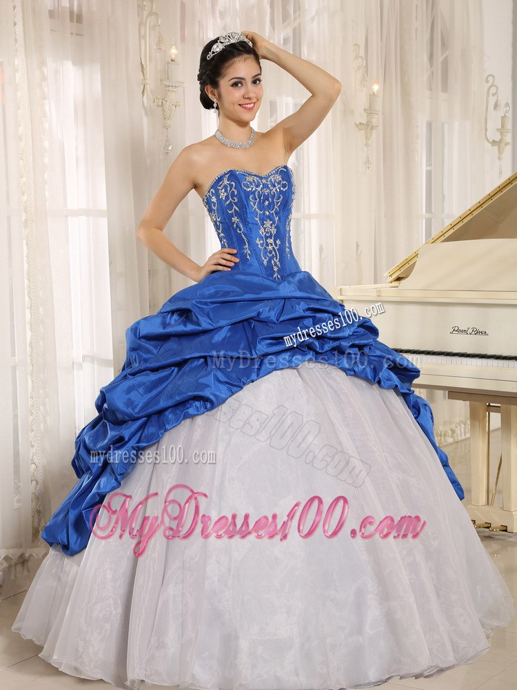 Strapless Royal Blue and White Quinceanera Dress with Beading Pick-ups