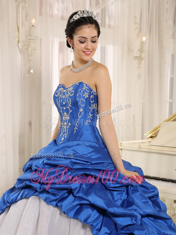 Strapless Royal Blue and White Quinceanera Dress with Beading Pick-ups