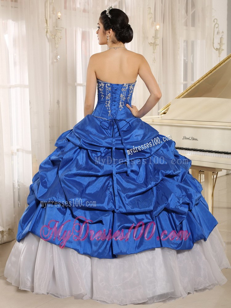 Strapless Royal Blue and White Quinceanera Dress with Beading Pick-ups
