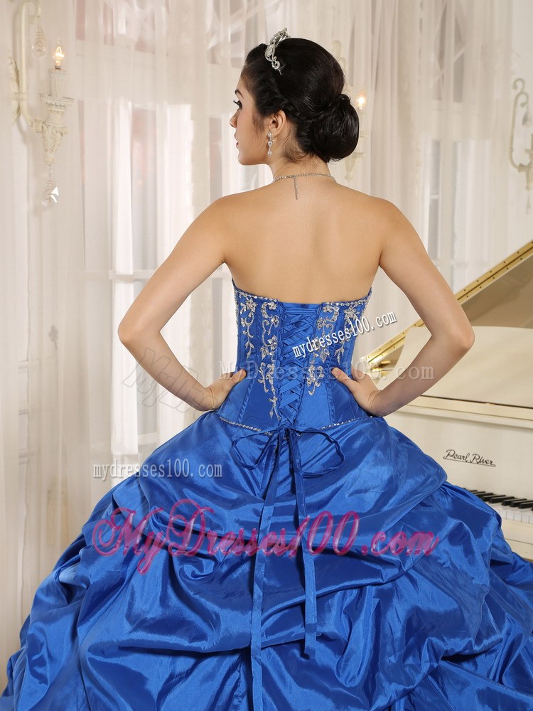 Strapless Royal Blue and White Quinceanera Dress with Beading Pick-ups