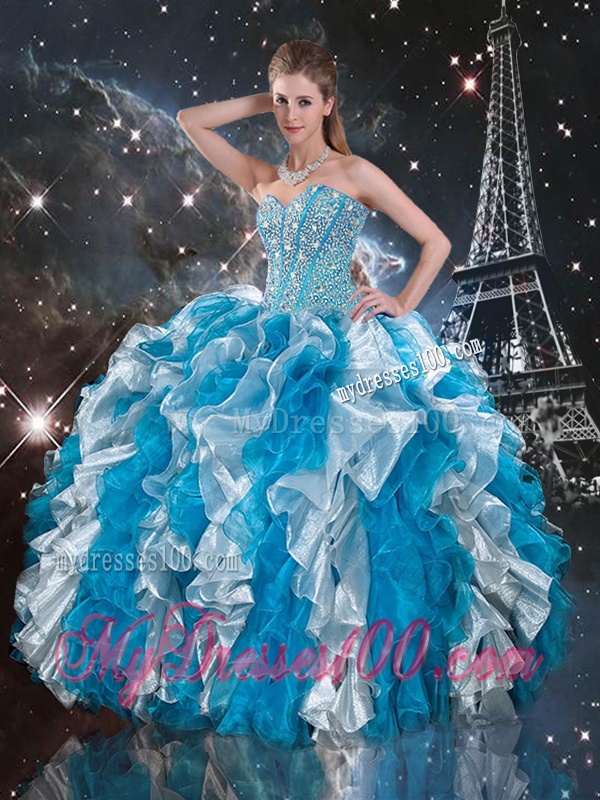 Luxurious Beaded White and Blue Sweet 16 Gowns with Ruffles