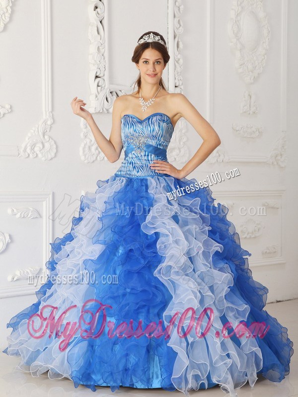 Special Blue and White Zebra Print Quinceanera Dresses Ruffles Lace-up Back