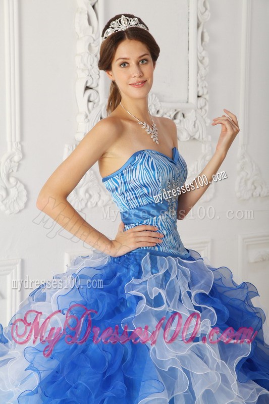 Special Blue and White Zebra Print Quinceanera Dresses Ruffles Lace-up Back