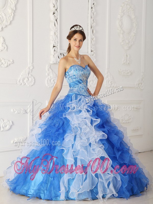 Special Blue and White Zebra Print Quinceanera Dresses Ruffles Lace-up Back