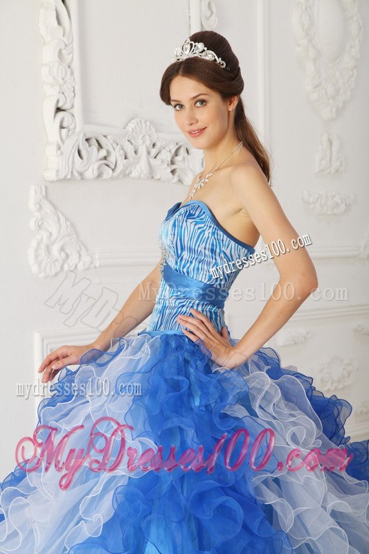 Special Blue and White Zebra Print Quinceanera Dresses Ruffles Lace-up Back