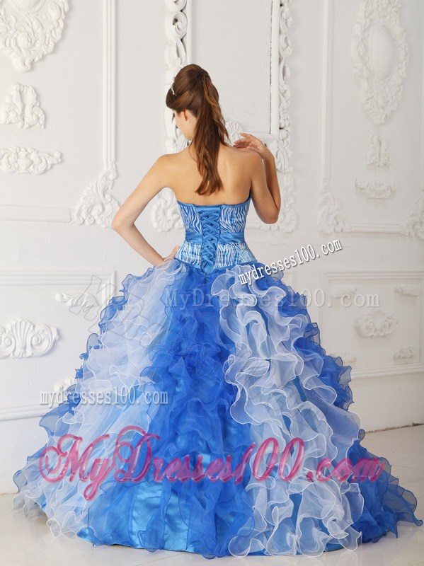 Special Blue and White Zebra Print Quinceanera Dresses Ruffles Lace-up Back