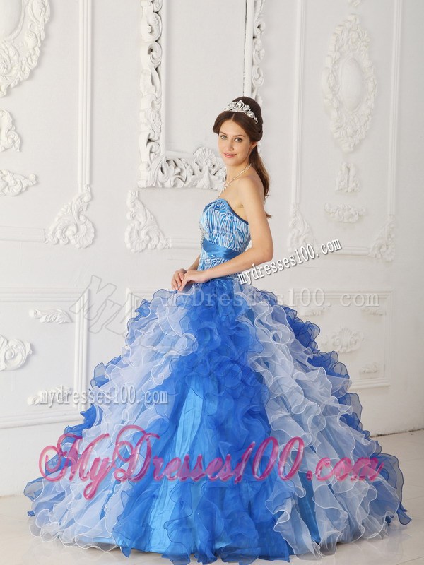 Special Blue and White Zebra Print Quinceanera Dresses Ruffles Lace-up Back