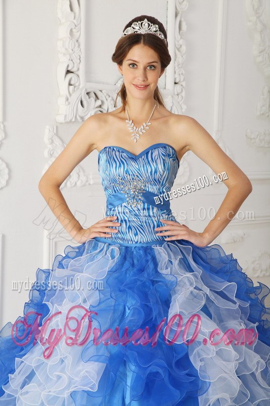Special Blue and White Zebra Print Quinceanera Dresses Ruffles Lace-up Back