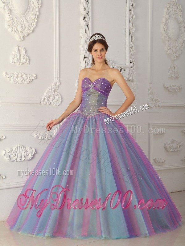 Tulle Blue and Purple Beaded Quinceanera Dresses with Ruffles
