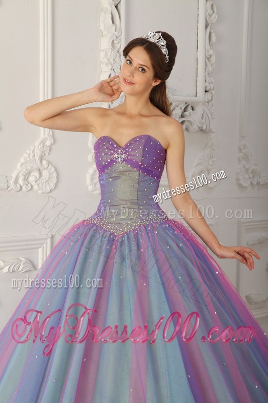 Tulle Blue and Purple Beaded Quinceanera Dresses with Ruffles