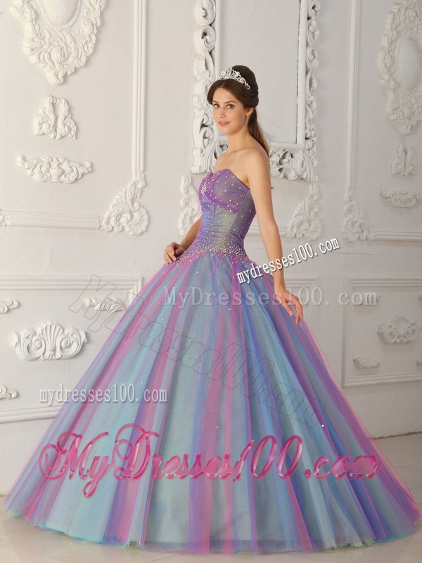 Tulle Blue and Purple Beaded Quinceanera Dresses with Ruffles