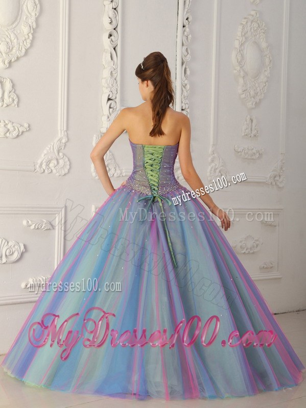 Tulle Blue and Purple Beaded Quinceanera Dresses with Ruffles