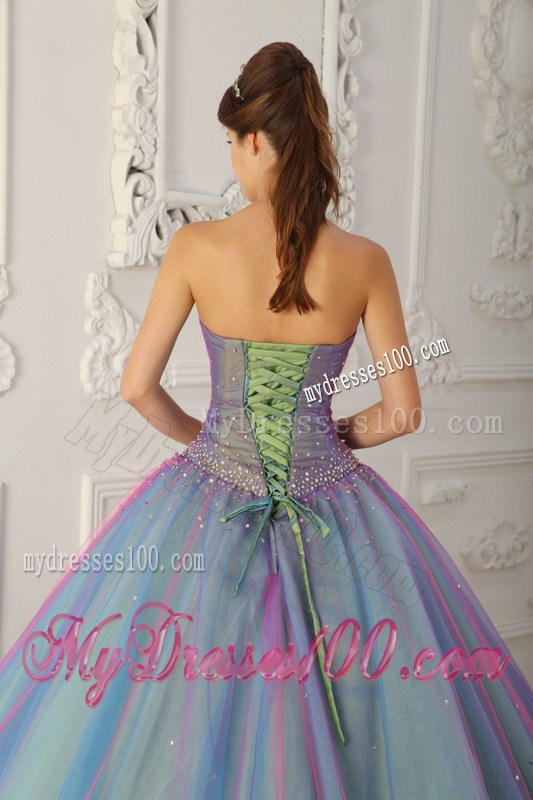 Tulle Blue and Purple Beaded Quinceanera Dresses with Ruffles