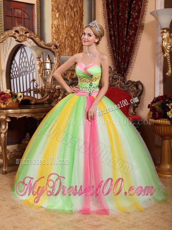Impressive Rainbow Multi-color Beaded Sweet 15 Party Dresses