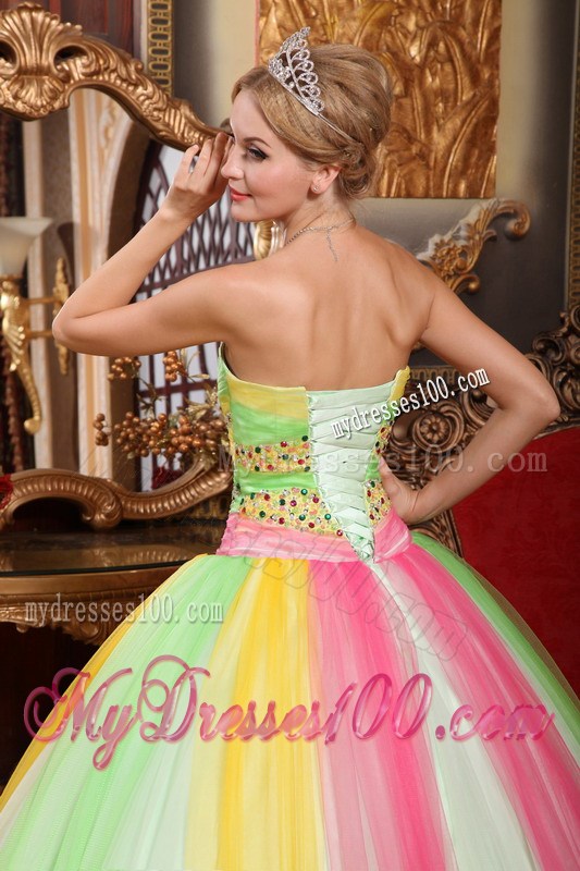 Impressive Rainbow Multi-color Beaded Sweet 15 Party Dresses
