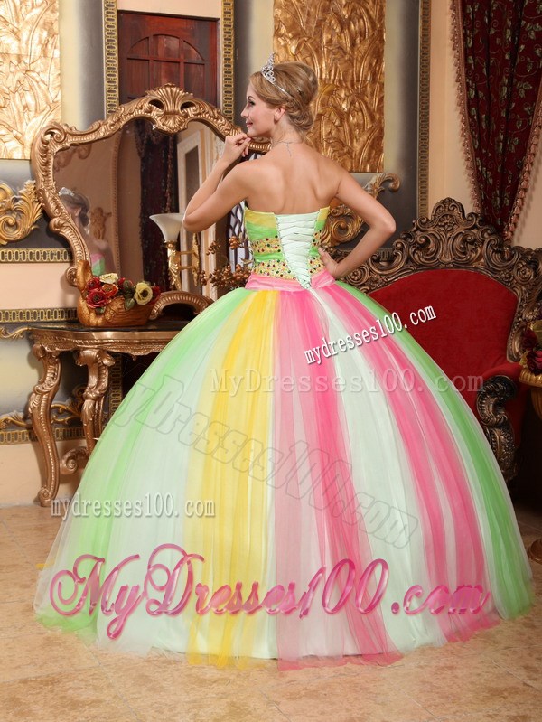 Impressive Rainbow Multi-color Beaded Sweet 15 Party Dresses