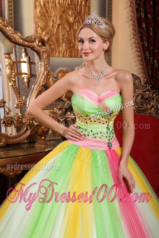 Impressive Rainbow Multi-color Beaded Sweet 15 Party Dresses