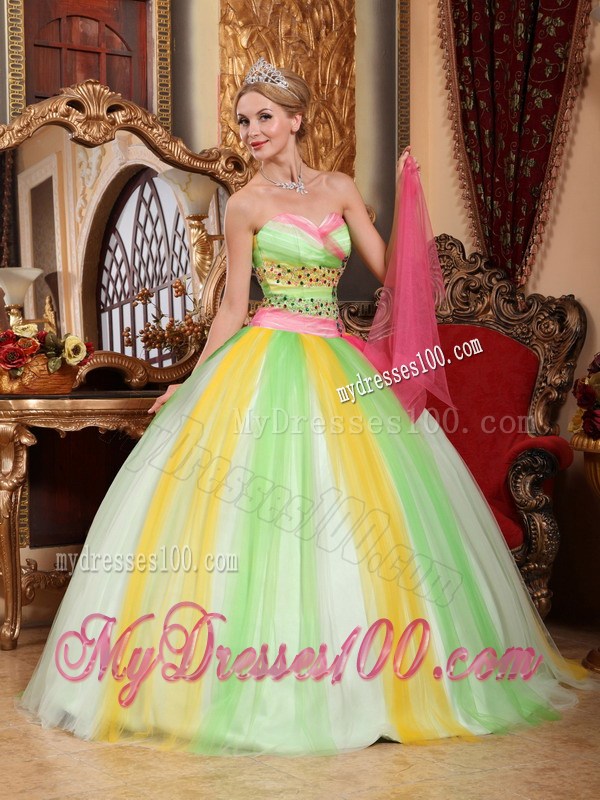 Impressive Rainbow Multi-color Beaded Sweet 15 Party Dresses