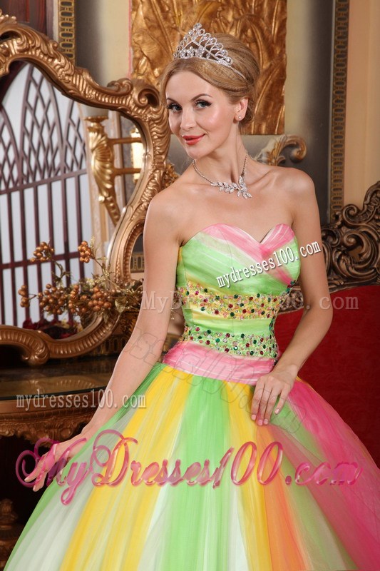 Impressive Rainbow Multi-color Beaded Sweet 15 Party Dresses