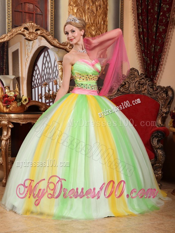 Impressive Rainbow Multi-color Beaded Sweet 15 Party Dresses