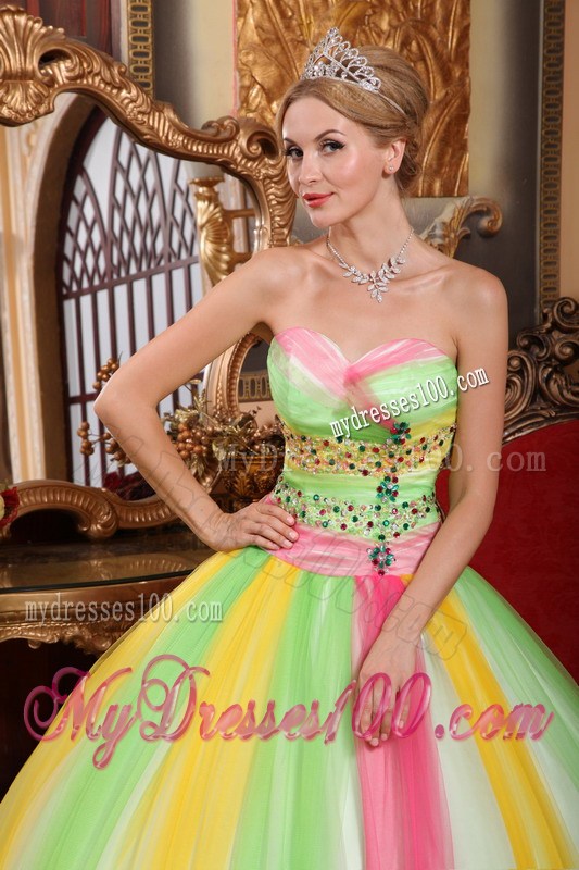 Impressive Rainbow Multi-color Beaded Sweet 15 Party Dresses