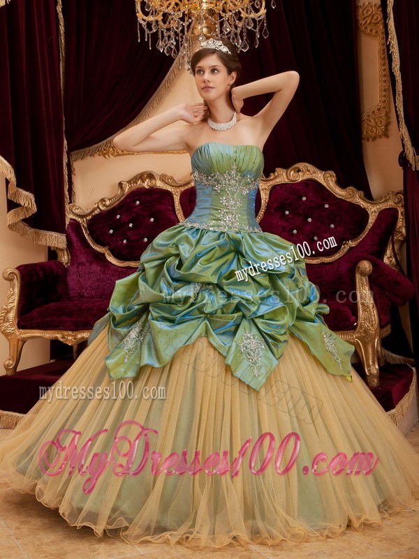 Wonderful Taffeta and Tulle Pick Ups Appliques Sweet 15 Dresses in Olive Green