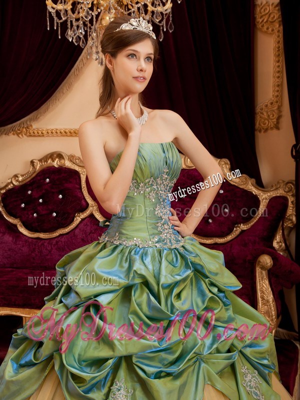 Wonderful Taffeta and Tulle Pick Ups Appliques Sweet 15 Dresses in Olive Green