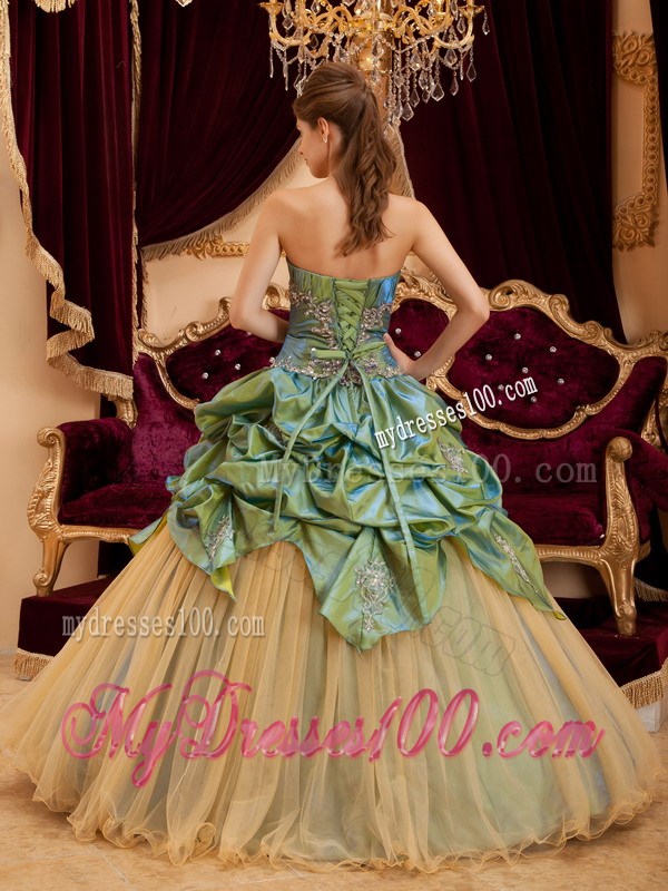 Wonderful Taffeta and Tulle Pick Ups Appliques Sweet 15 Dresses in Olive Green