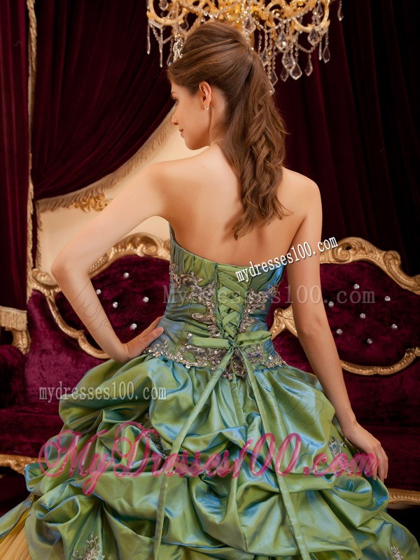 Wonderful Taffeta and Tulle Pick Ups Appliques Sweet 15 Dresses in Olive Green