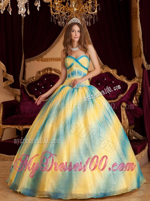 Turn Heads Yellow and Blue Striated Sweet 15 Dresses Corset Back
