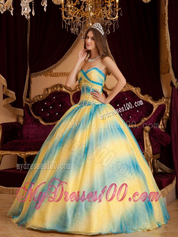 Turn Heads Yellow and Blue Striated Sweet 15 Dresses Corset Back