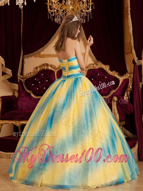 Turn Heads Yellow and Blue Striated Sweet 15 Dresses Corset Back